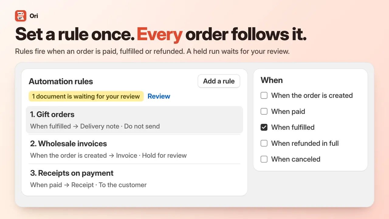 Ori's automation rules: delivery notes when gift orders are fulfilled, invoices held for review when an order is created, and receipts sent when an order is paid.
