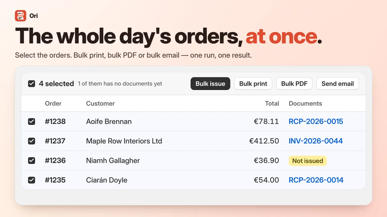 Ori's order list with four orders selected, one marked Not issued, and the Bulk issue, Bulk print, Bulk PDF and Send email buttons above them.