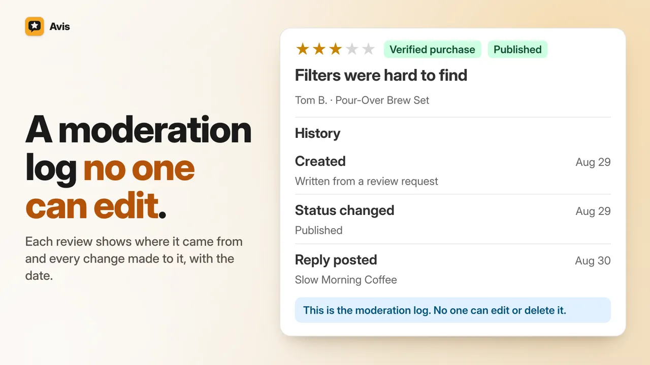 One 3-star review marked Verified purchase and Published, with its history: created from a review request, published, a reply posted, and a note that no one can edit the log.