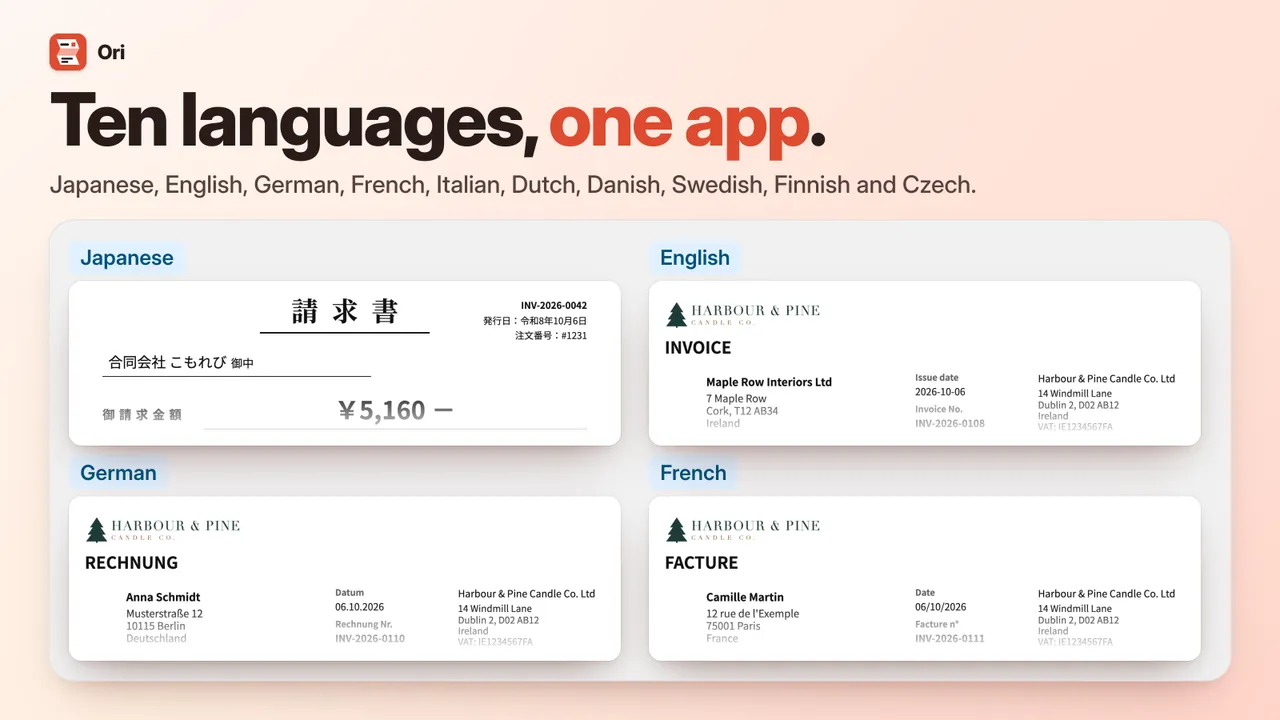The top of an invoice in four of Ori's ten document languages: Japanese, English, German and French, for two sample shops.