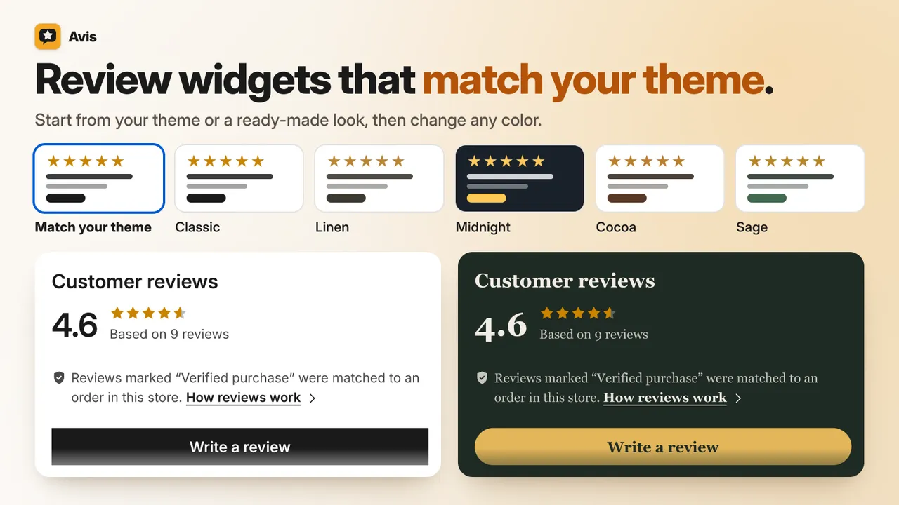 The Match your theme look and ready-made looks such as Classic, Linen and Midnight, with the same review summary drawn on a light page and on a dark page.