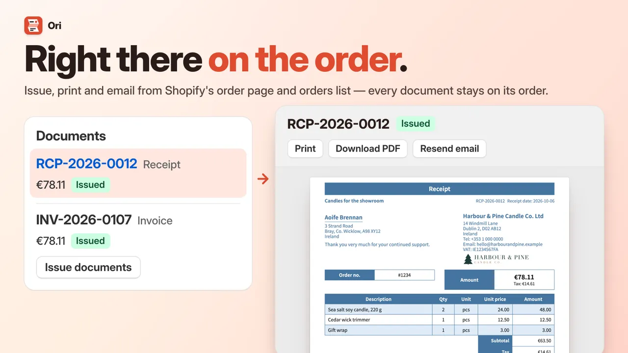 Ori's Documents card on a Shopify order listing an issued receipt and invoice, beside the receipt's page with Print, Download PDF and Resend email above its PDF.