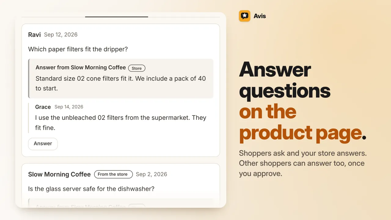 Questions and answers on a sample product page: a shopper's question with the store's answer and another shopper's answer, above a question the store added itself.