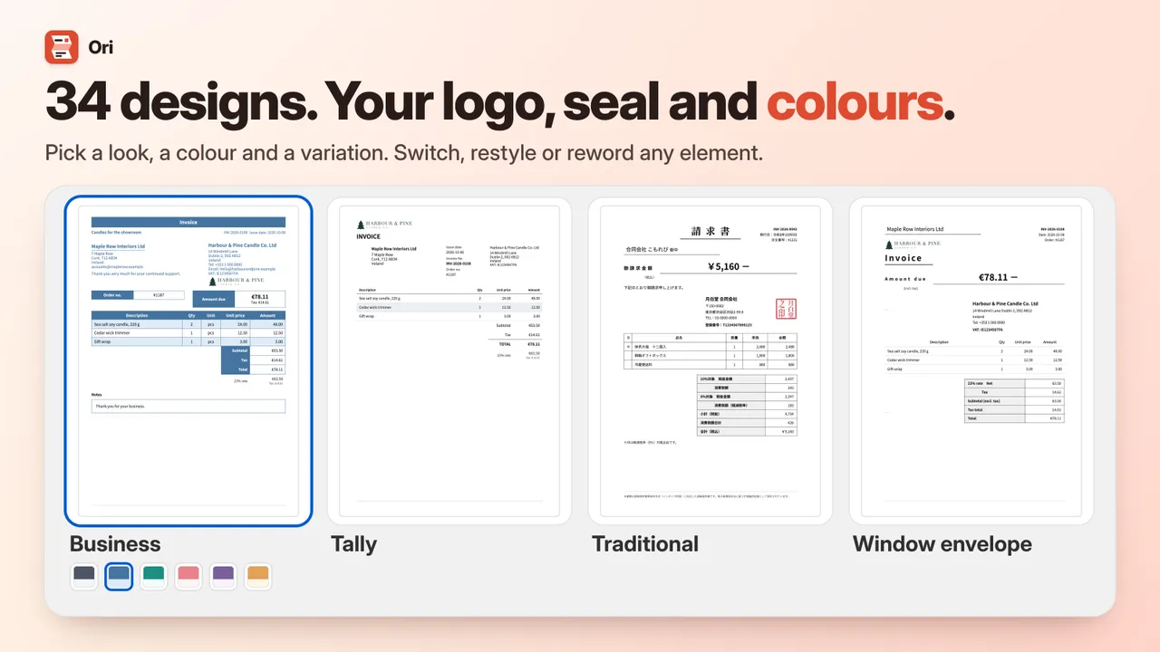 Four of Ori's 34 built-in designs: Business with its colour choices, Tally, a Japanese Traditional invoice with a company seal, and a window-envelope layout.